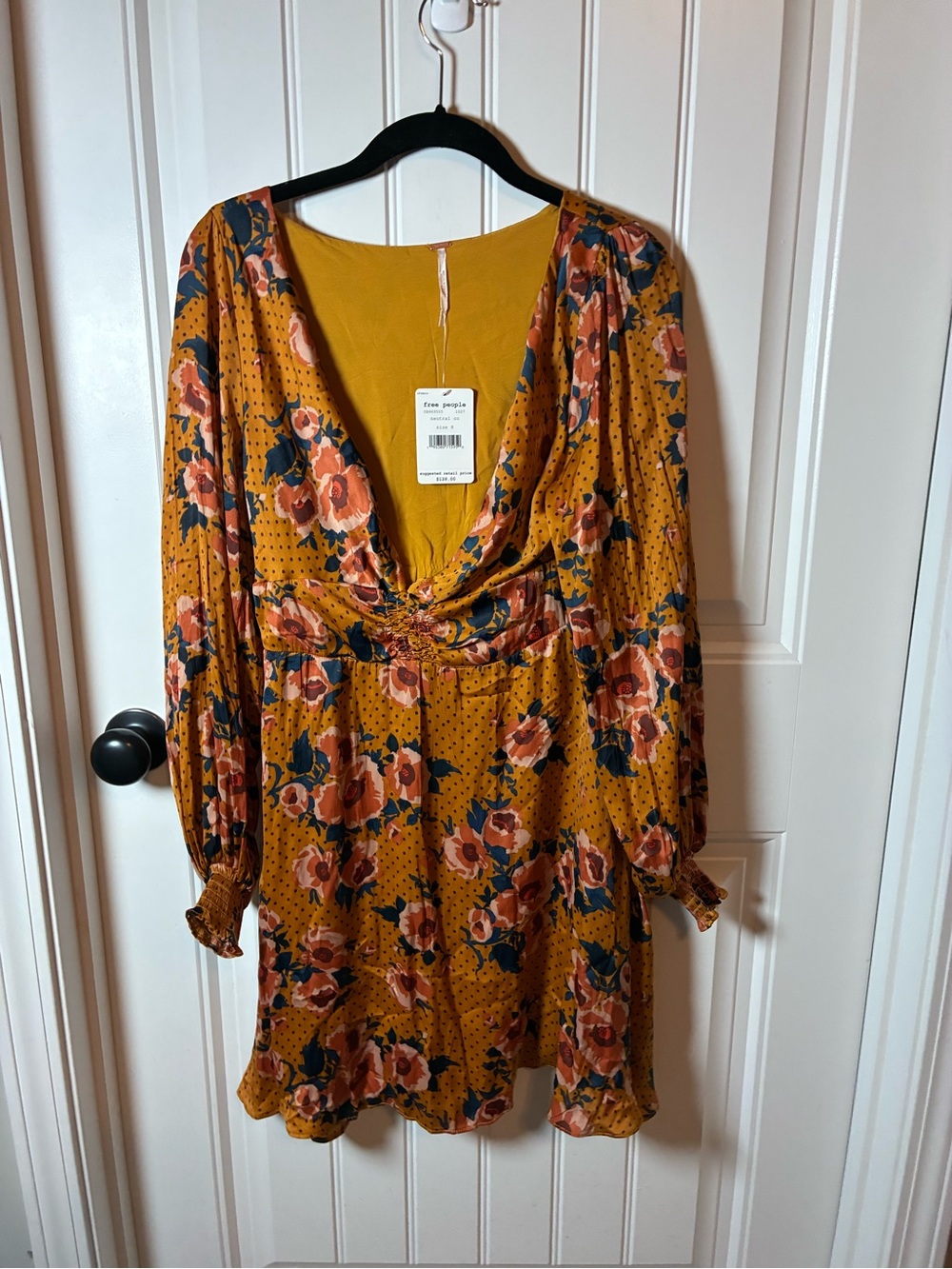 Free People Mustard Floral Twist-Front Mini Dress